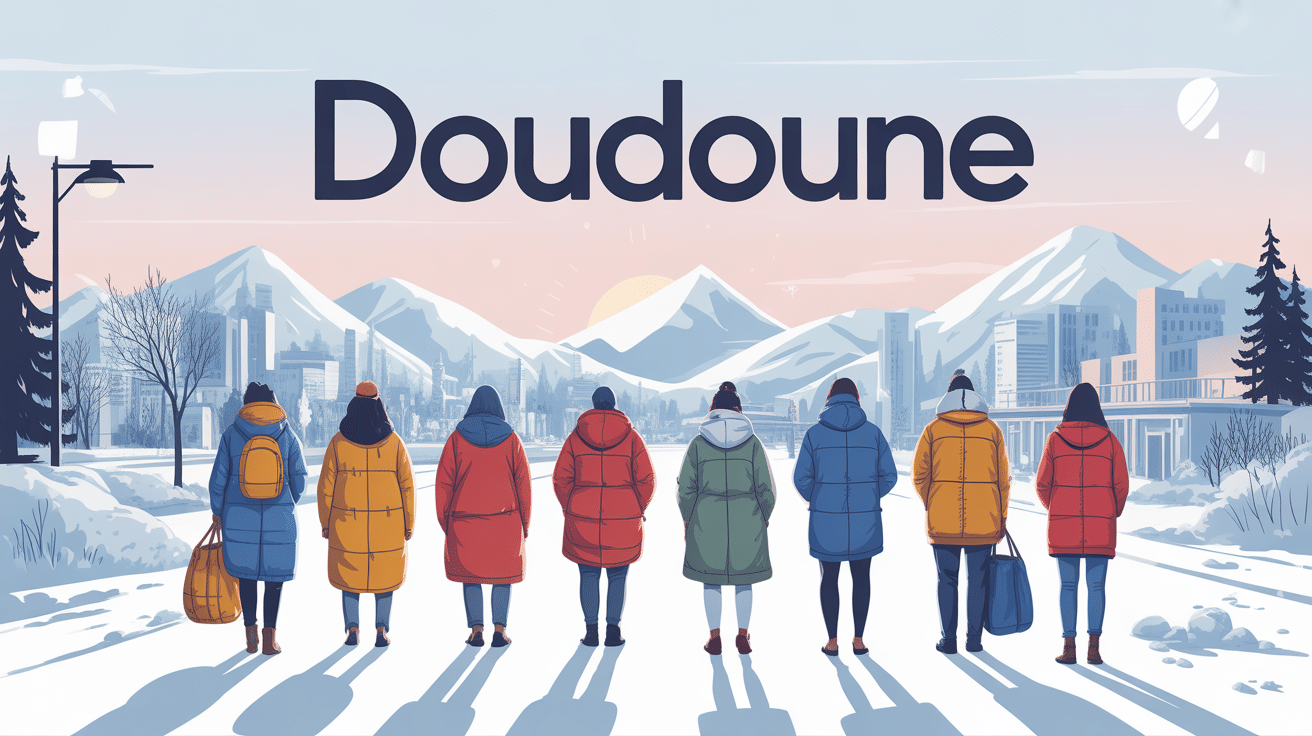 Illustration de silhouettes en doudounes devant paysage urbain et montagnes