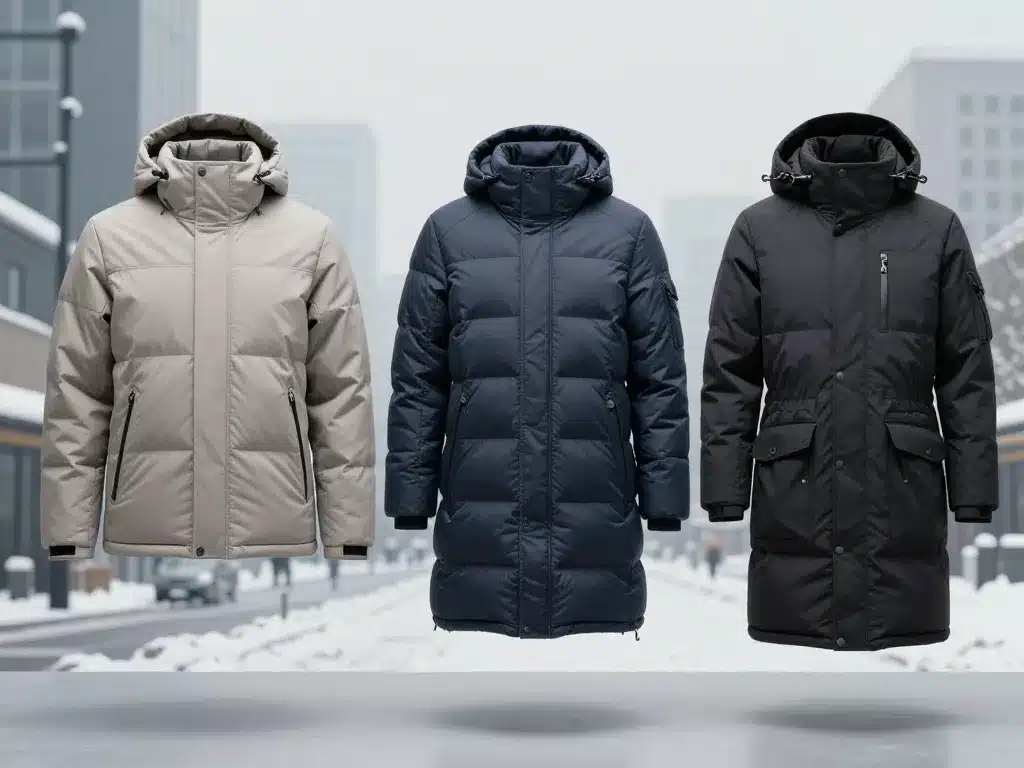 Trois modèles de doudounes alignés selon type et environnement