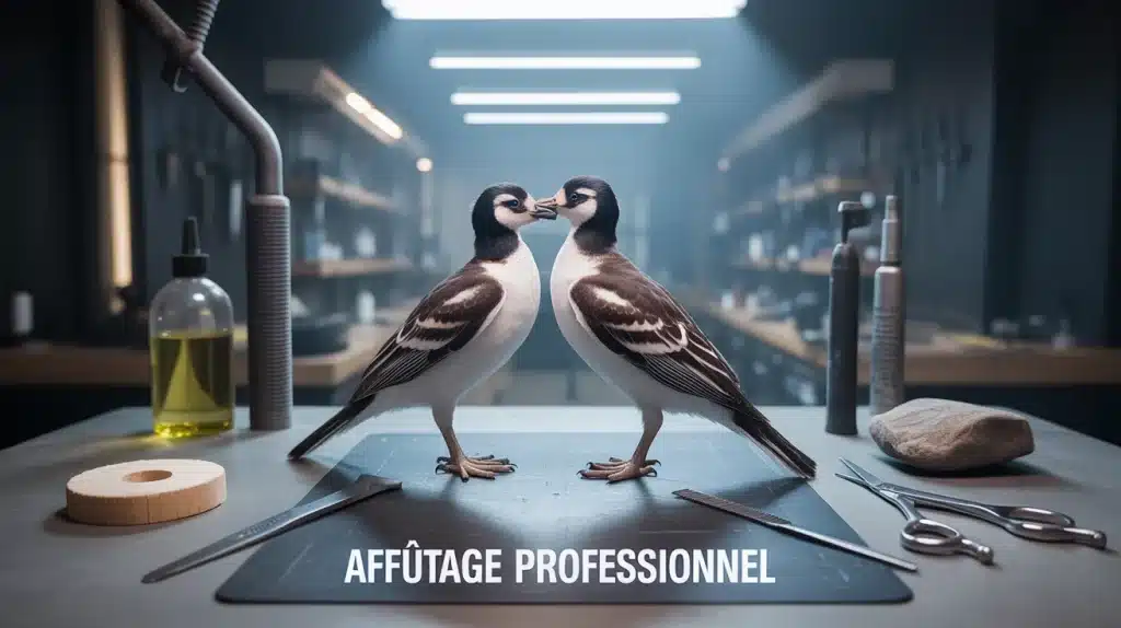 Affutage ciseaux coiffure sur plan de travail avec outils