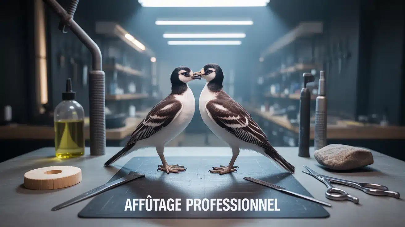 Affutage ciseaux coiffure sur plan de travail avec outils