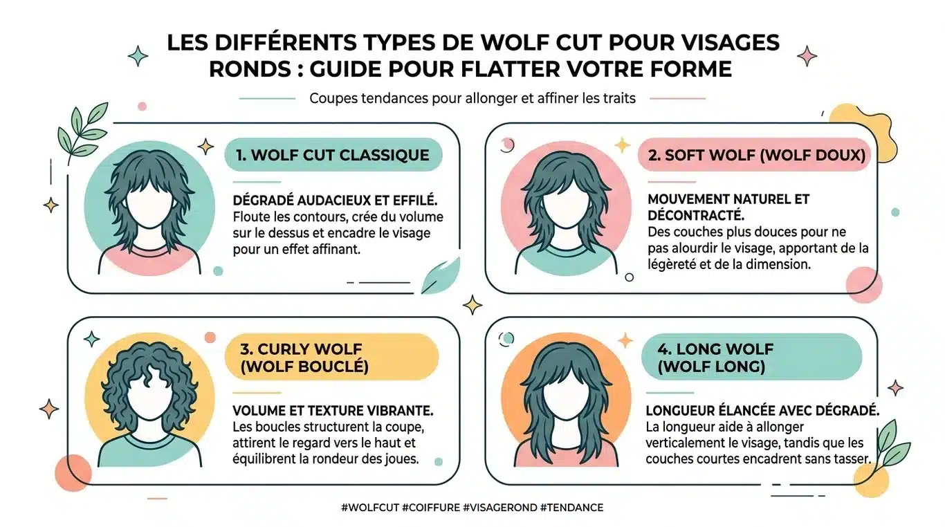 Infographie récapitulative des variantes de wolf cut adaptées aux visages ronds