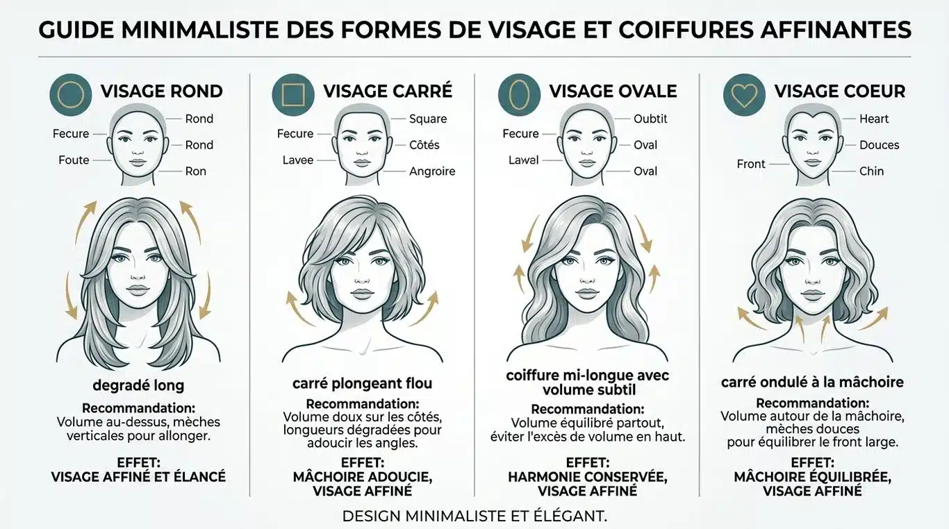 Infographie des coiffures recommandées selon la forme du visage pour affiner les traits