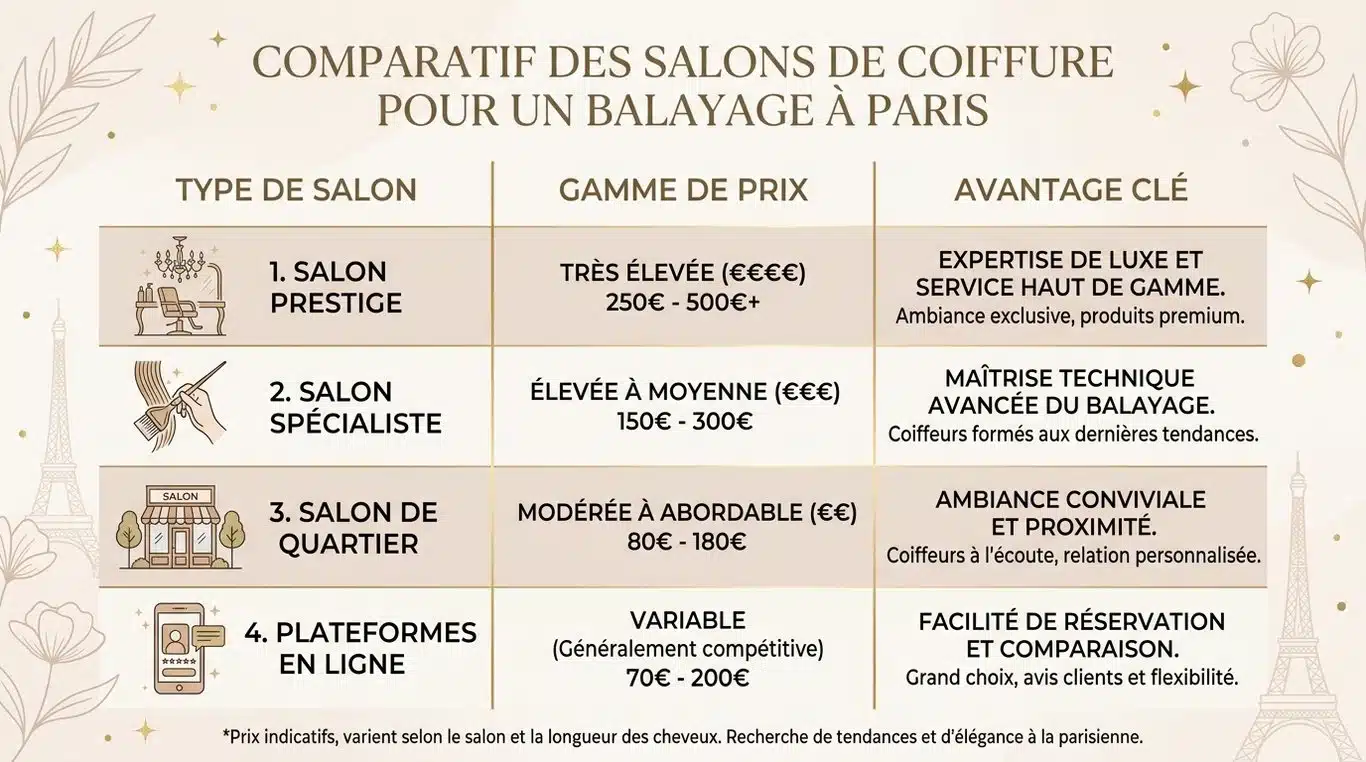 Infographie comparative des types de salons de coiffure pour un balayage à Paris selon le budget et les attentes.