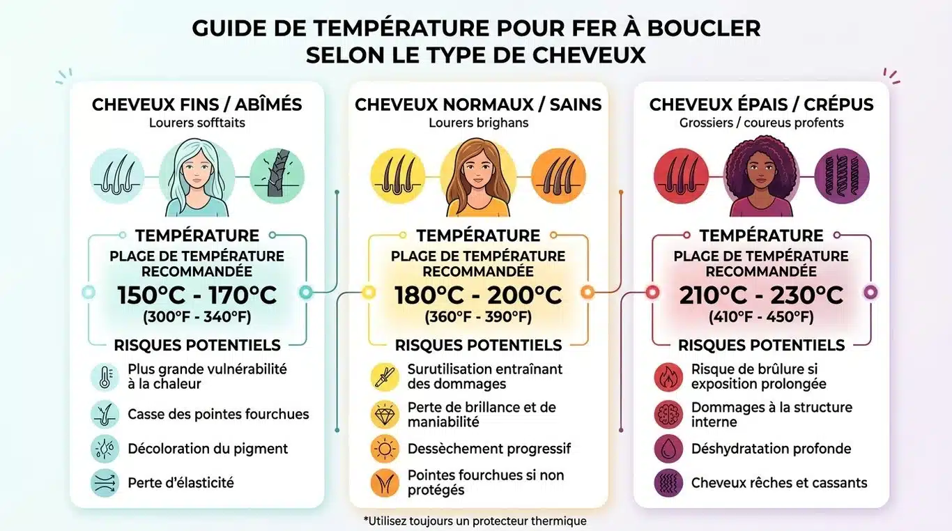 Infographie résumant les températures recommandées pour chaque type de cheveu lors de l'utilisation d'un fer à boucler.