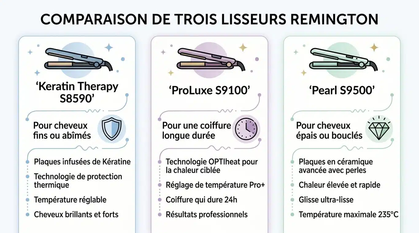 Infographie comparative des lisseurs Remington : quel modèle choisir selon votre type de cheveux