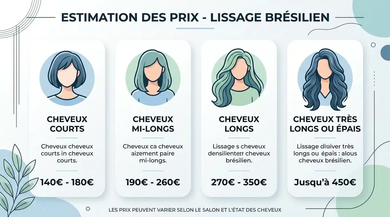 Infographie des tarifs estimés pour un lissage brésilien selon la longueur des cheveux