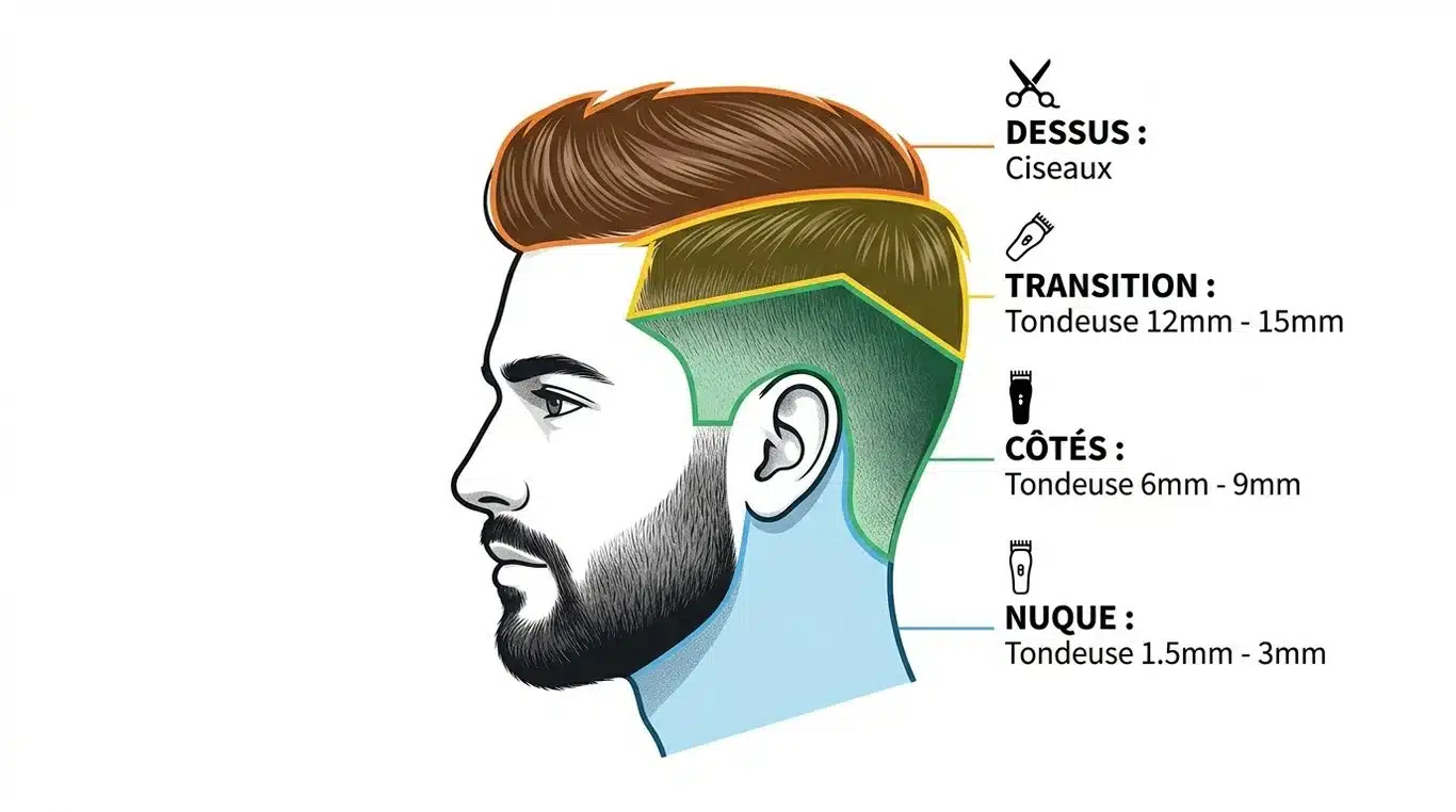 Infographie des zones de coupe et hauteurs de sabots pour une coupe homme