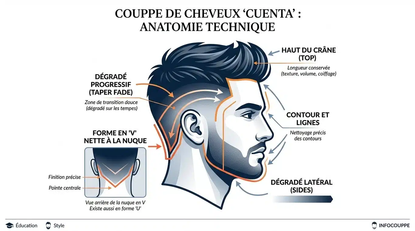 Infographie technique de l'anatomie de la coupe cuenta