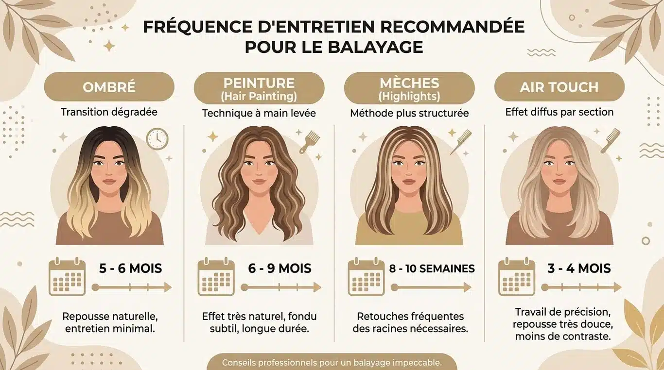Infographie récapitulative : fréquence idéale pour refaire son balayage selon la technique