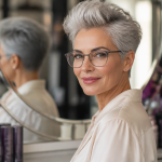 coupe pixie femme 60 ans cheveux gris volumineuse