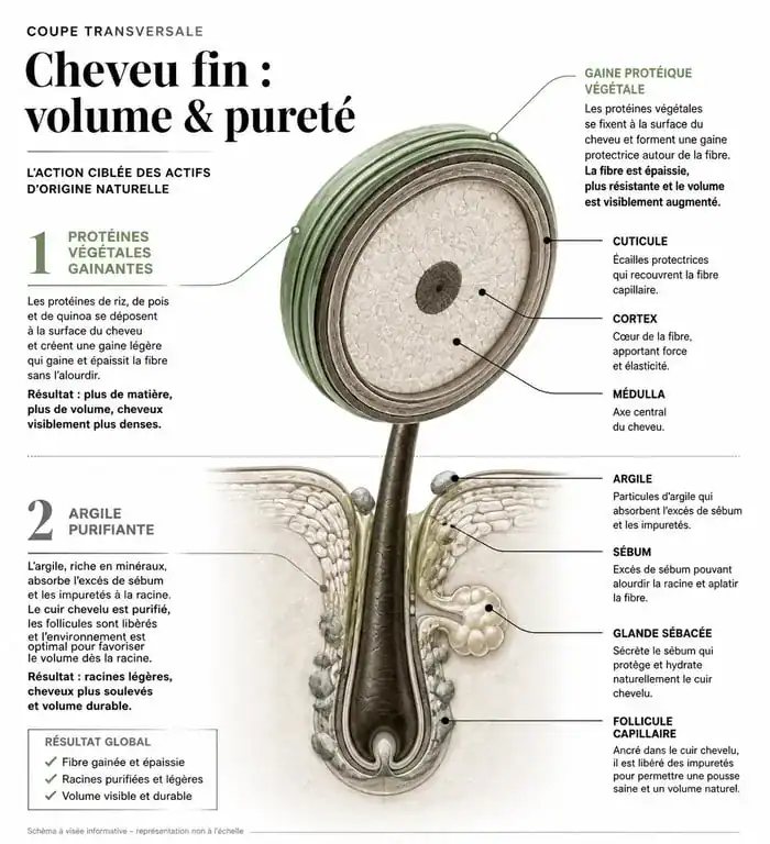 Schéma explicatif de l'action des ingrédients du meilleur shampoing volume sur la fibre capillaire