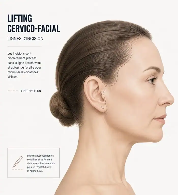 Schéma des incisions pour un lifting cervico-facial montrant la discrétion des cicatrices