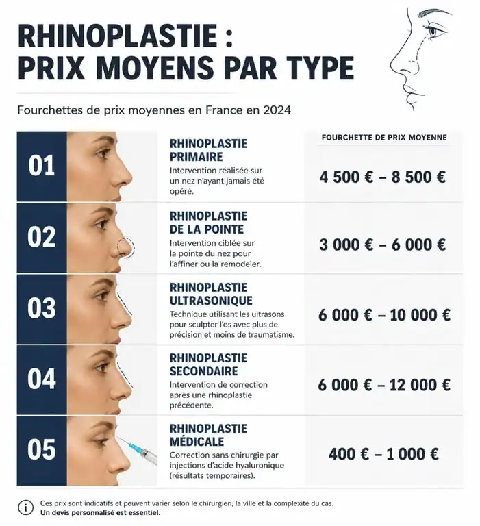Infographie des tarifs moyens pour une chirurgie esthétique du nez et rhinoplastie en France