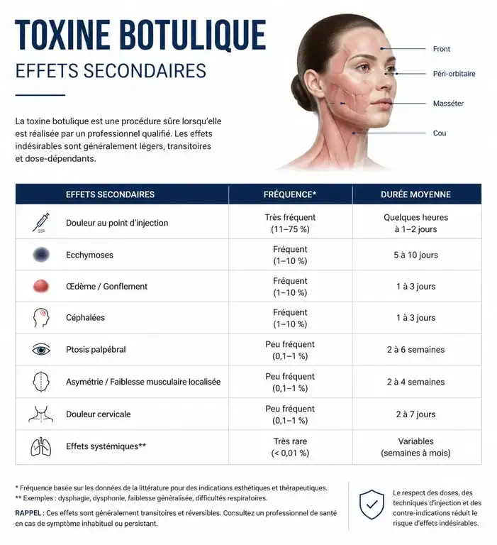 Infographie des effets secondaires du Botox : fréquences et durées des réactions courantes et rares.