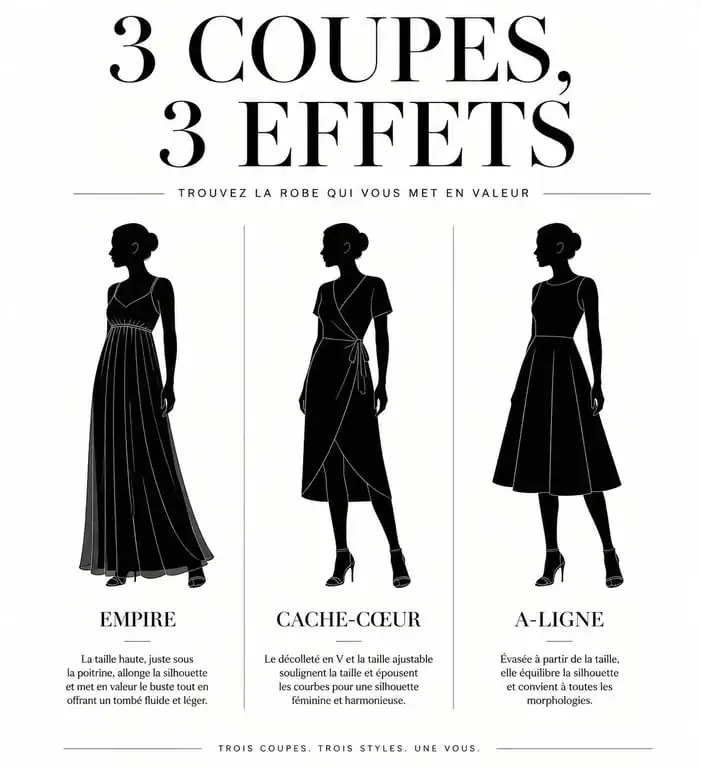 Illustration des coupes de robes idéales pour une silhouette ronde avec du ventre : robe empire, robe portefeuille et robe trapèze.