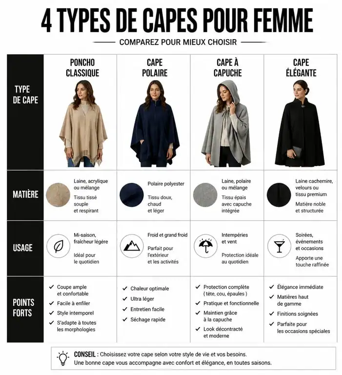 Infographie comparative des différents modèles de cape chaude pour femme : choisir sa cape selon la matière et l'usage.