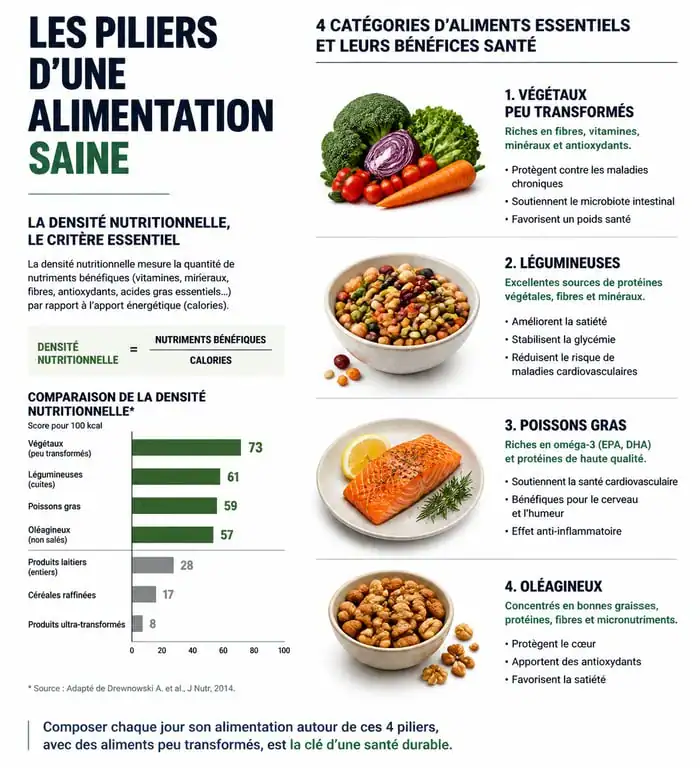 Infographie des piliers d'une alimentation saine et des aliments bons pour la santé