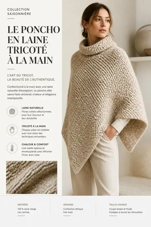 Femme portant un élégant poncho en tricot fait main, style mode et lifestyle