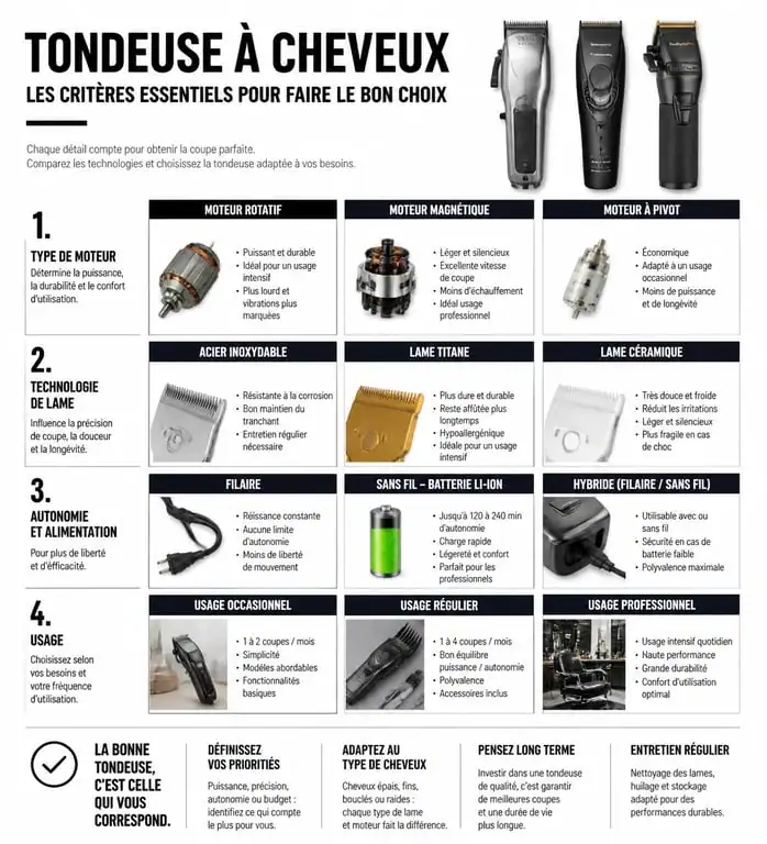Infographie comparative des critères techniques pour choisir sa tondeuse cheveux