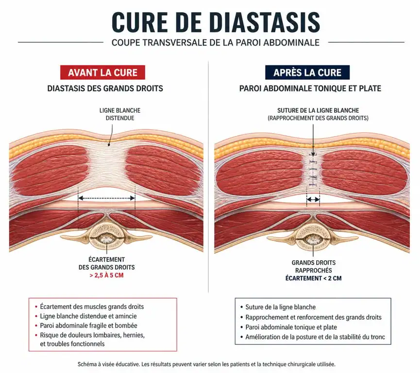 Schéma anatomique comparatif diastasis avant après : illustration de la réparation des muscles grands droits