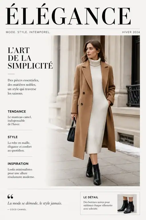Look hivernal avec robe blanche et manteau long pour une tenue élégante