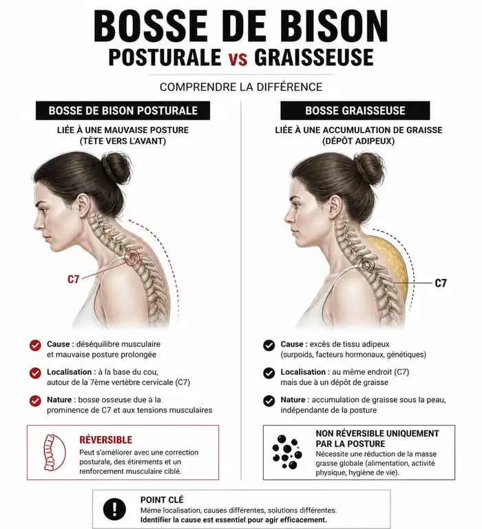 Schéma anatomique expliquant la différence entre bosse de bison posturale et graisseuse pour un ostéopathe