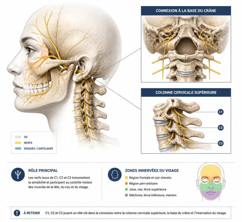 Schéma anatomique illustrant le lien entre les vertèbres cervicales et les maux de tête cervicogéniques