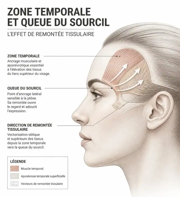 Schéma anatomique illustrant le lifting temporal et la remontée de la queue du sourcil