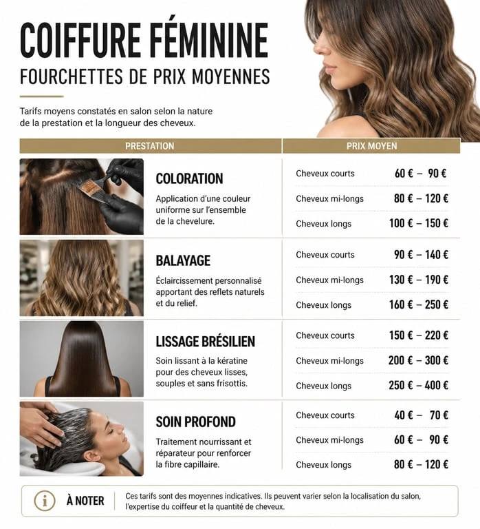 Infographie des tarifs moyens des prestations de coiffure femme : coloration, balayage et lissage