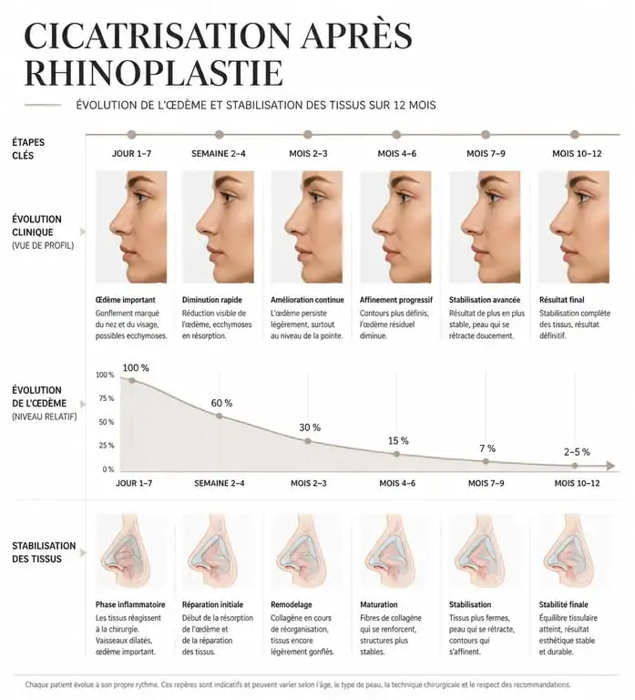 Infographie des étapes de cicatrisation et résultats d'une rhinoplastie avant et après