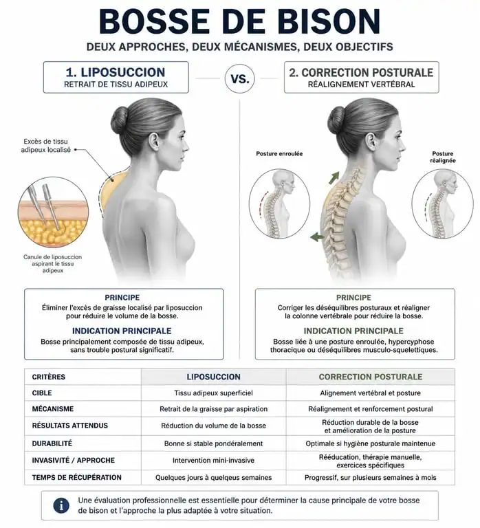 Infographie comparative des traitements de la bosse de bison : liposuccion versus correction posturale