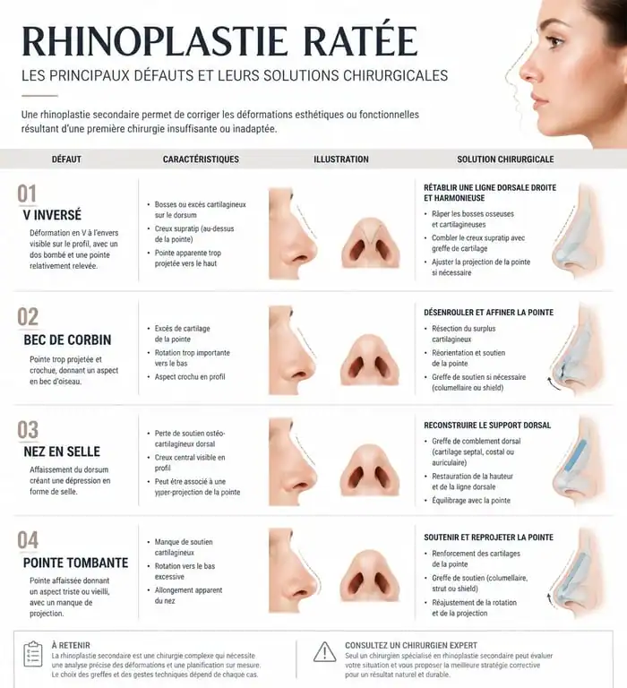 Infographie des défauts et solutions de rhinoplastie ratée pour comprendre les enjeux d'une chirurgie secondaire.