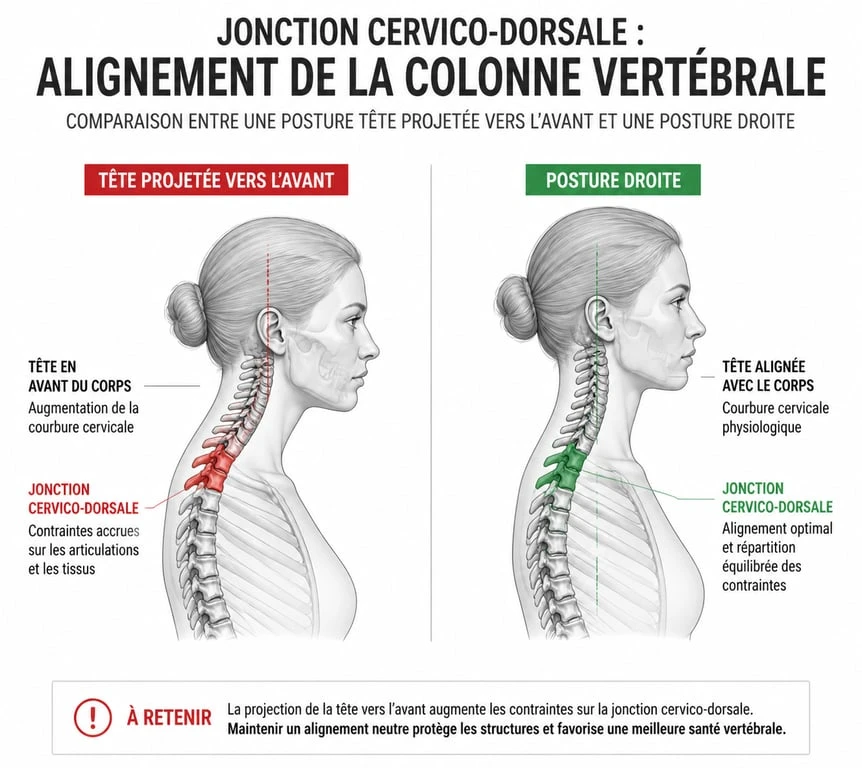 Schéma explicatif de la posture et de la bosse de bison pour la correction cervicale