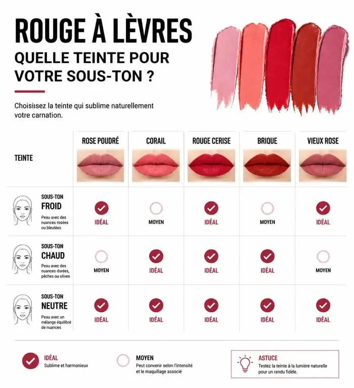 Infographie des teintes de rouge à lèvres recommandées pour les peaux claires selon le sous-ton