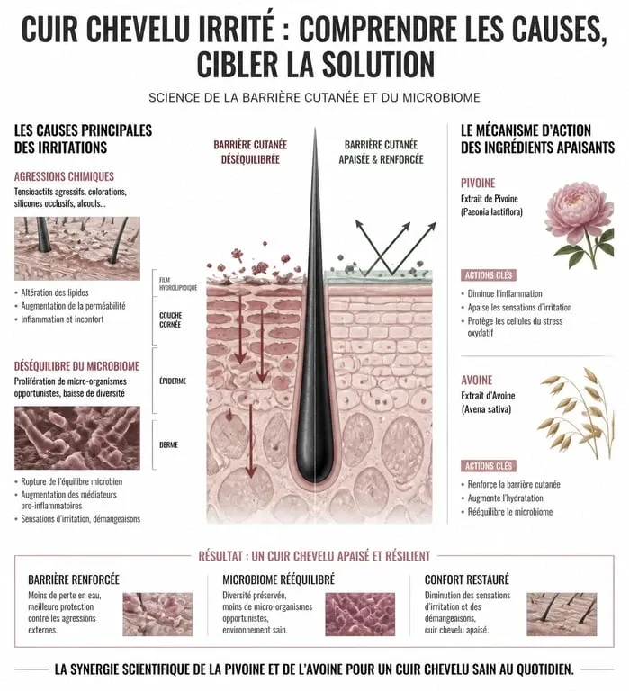 Infographie sur les causes et solutions pour un cuir chevelu irrité avec le meilleur shampoing adapté