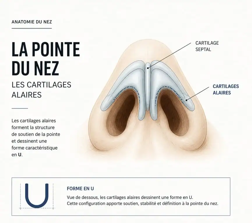 Schéma anatomique des cartilages alaires responsables d'un nez bulbeux.