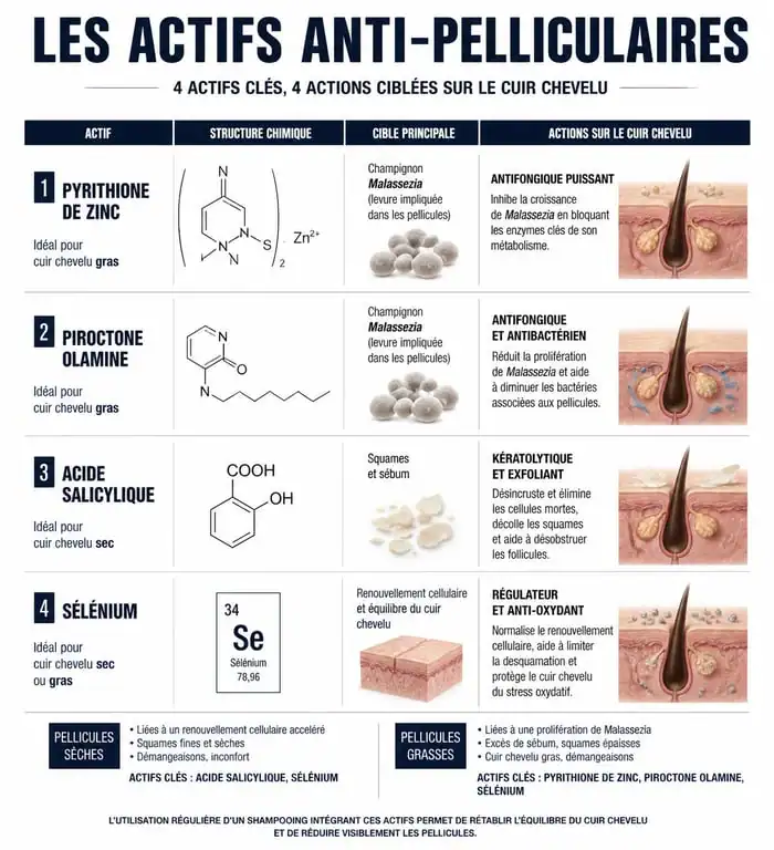 Infographie comparative des meilleurs actifs pour shampoing anti pelliculaire selon le type de cuir chevelu