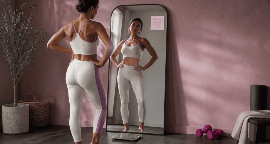 masse grasse femme en kg devant miroir