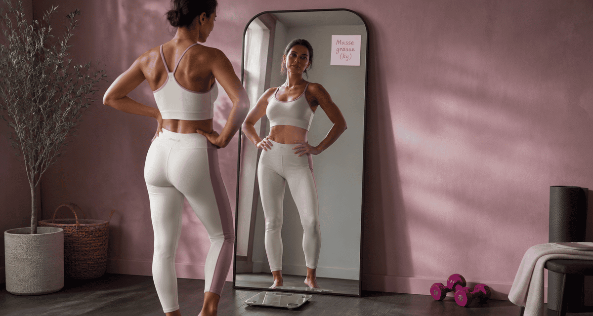 masse grasse femme en kg devant miroir