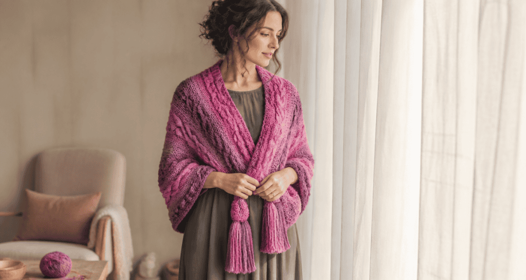 Poncho tricot femme motifs torsadés fuchsia lilas rose