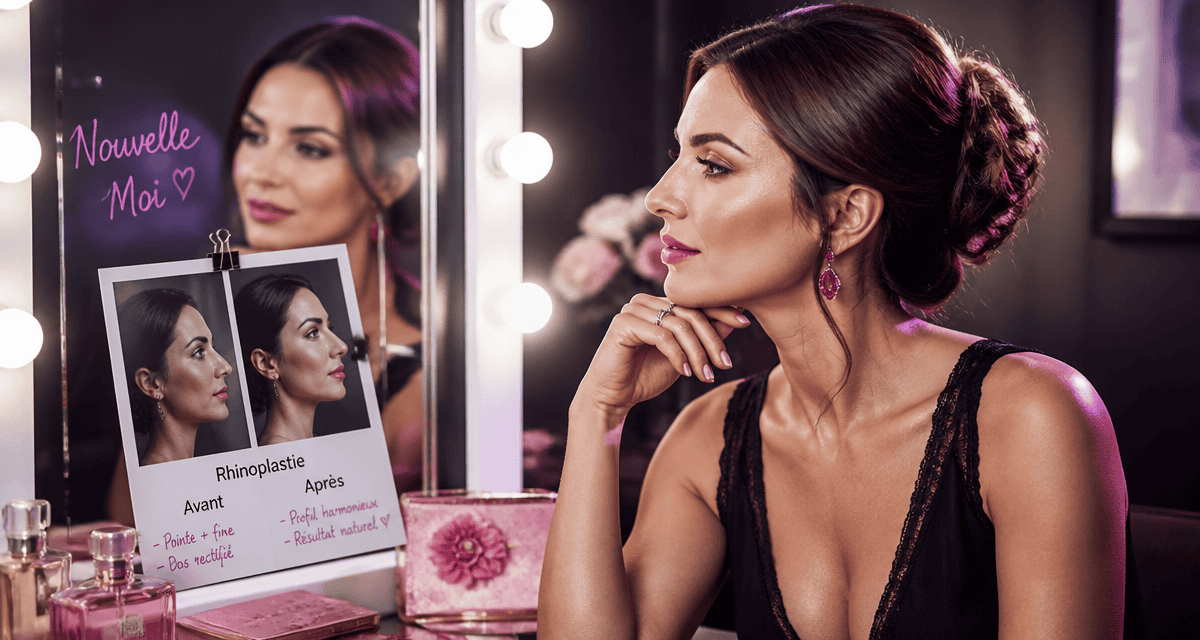 rhinoplastie avant et apres femme devant miroir