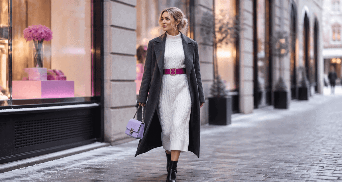 Femme en robe blanche hiver sur trottoir