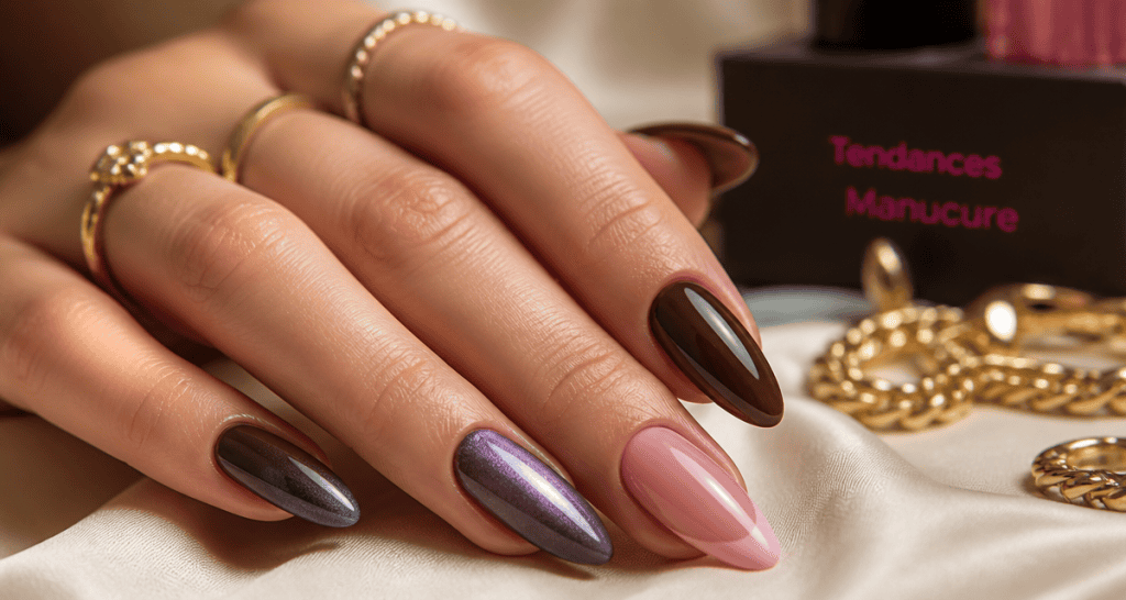 Tendance vernis à ongles sur main élégante, effets Cat Eyes, moka et Micro-French
