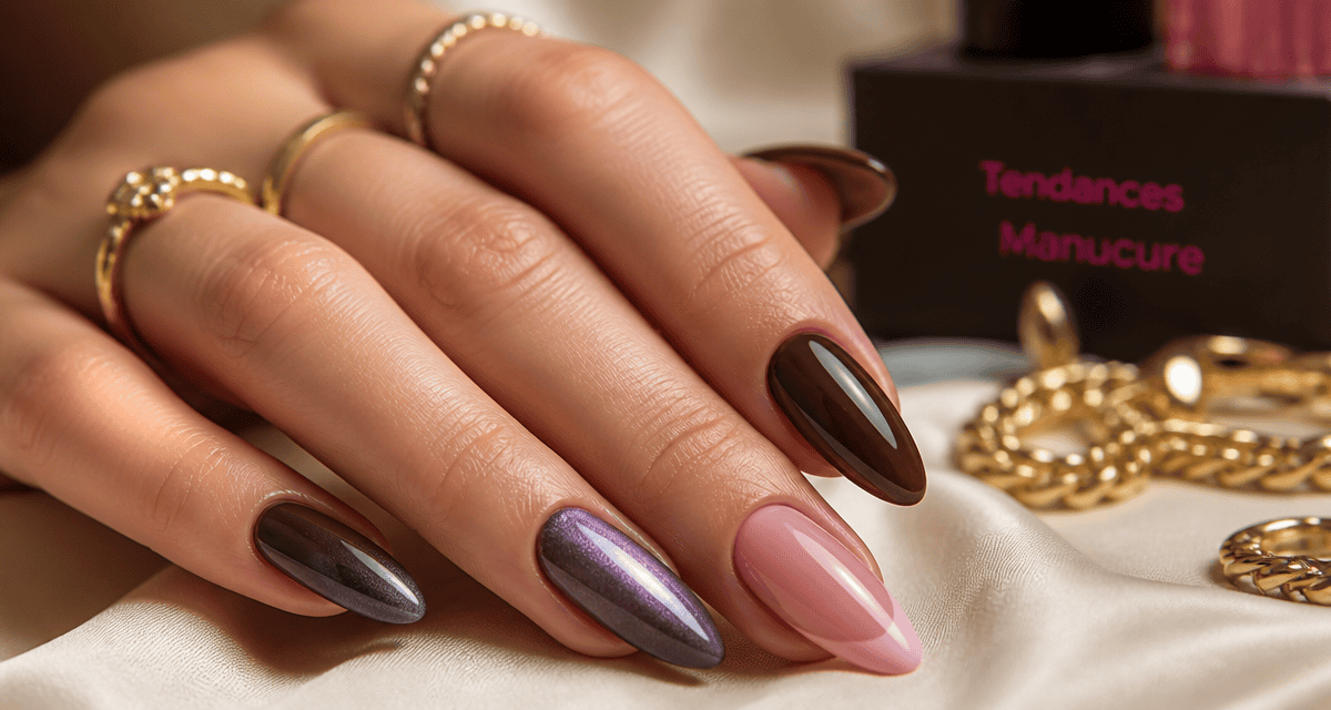 Tendance vernis à ongles sur main élégante, effets Cat Eyes, moka et Micro-French