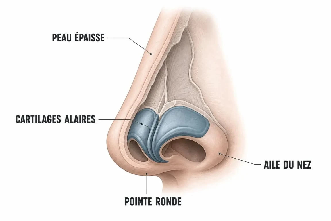 Schéma anatomique expliquant la structure d'un nez rond et le rôle des cartilages alaires dans la rhinoplastie