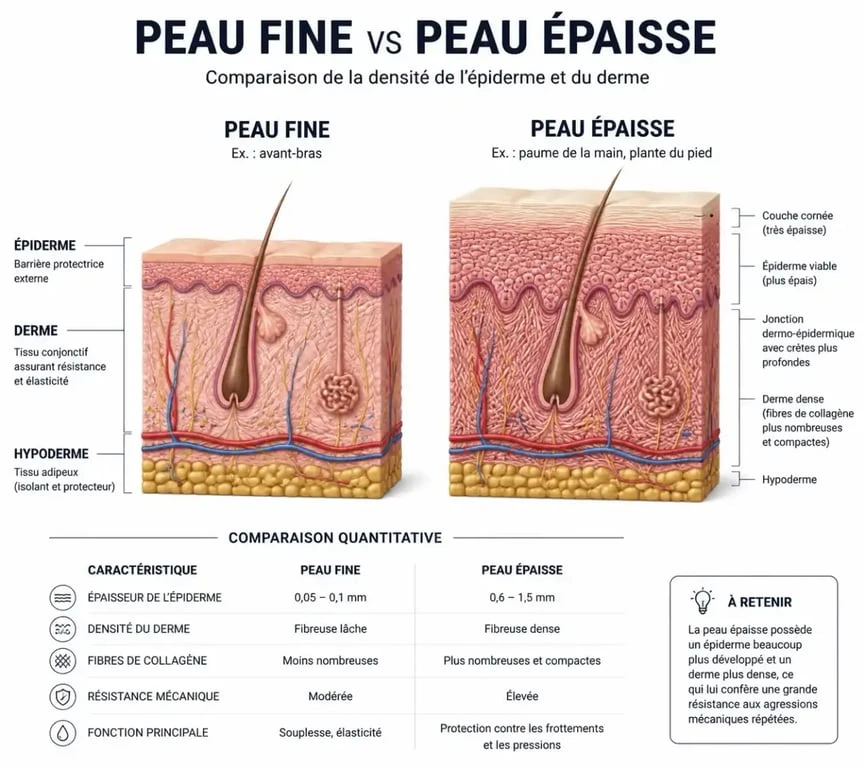 Schéma anatomique comparant la structure d'une peau fine et d'une peau épaisse