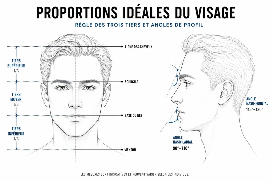 Schéma des proportions du nez parfait et des angles du visage pour une harmonie faciale