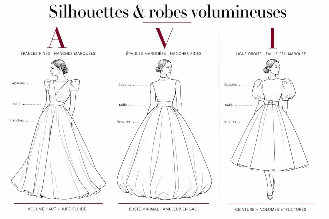 Infographie guide morphologie pour choisir sa robe volumineuse selon sa silhouette