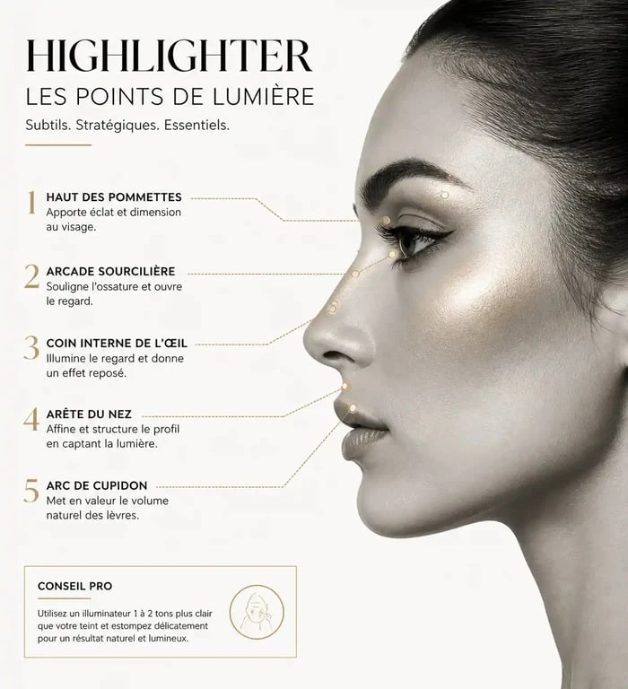 Schéma des zones du visage pour appliquer son highlighter