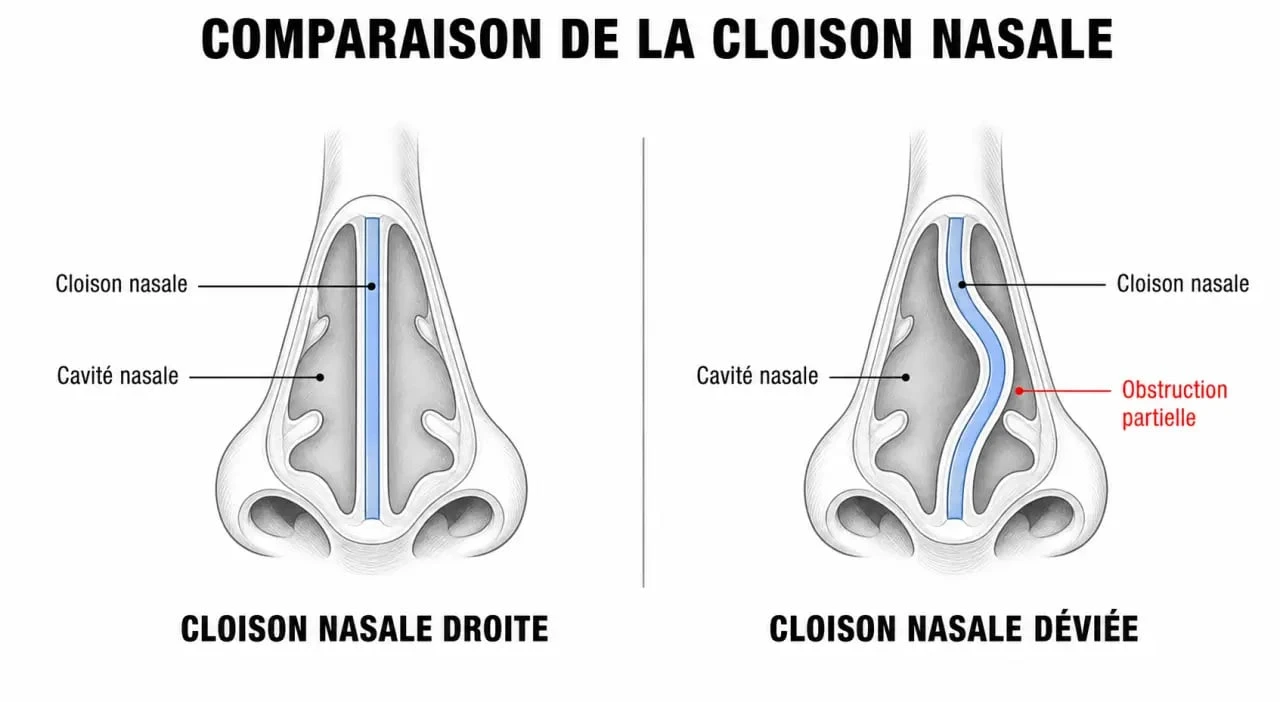 Schéma anatomique comparatif d'un nez tordu et d'un nez droit pour comprendre la déviation de la cloison nasale